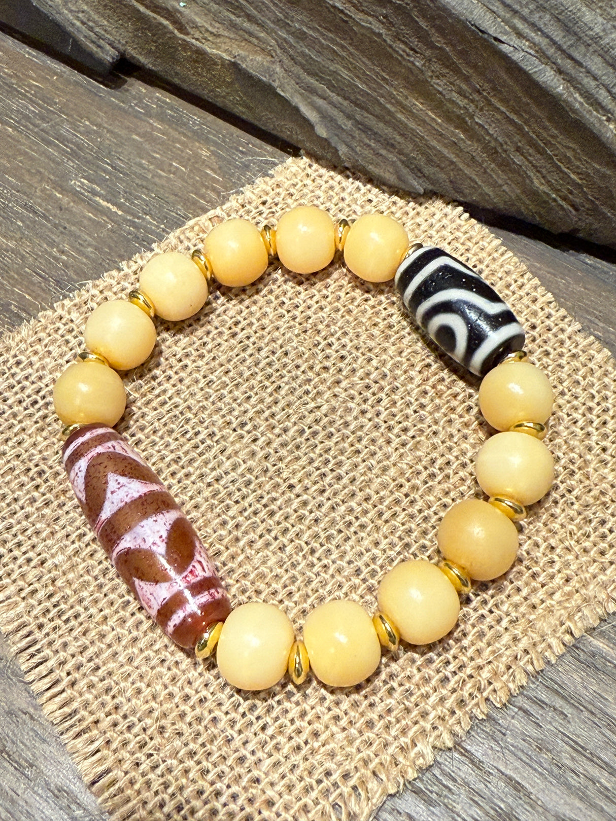 Tibetan - Styled Agate and Yak Bone Bracelet