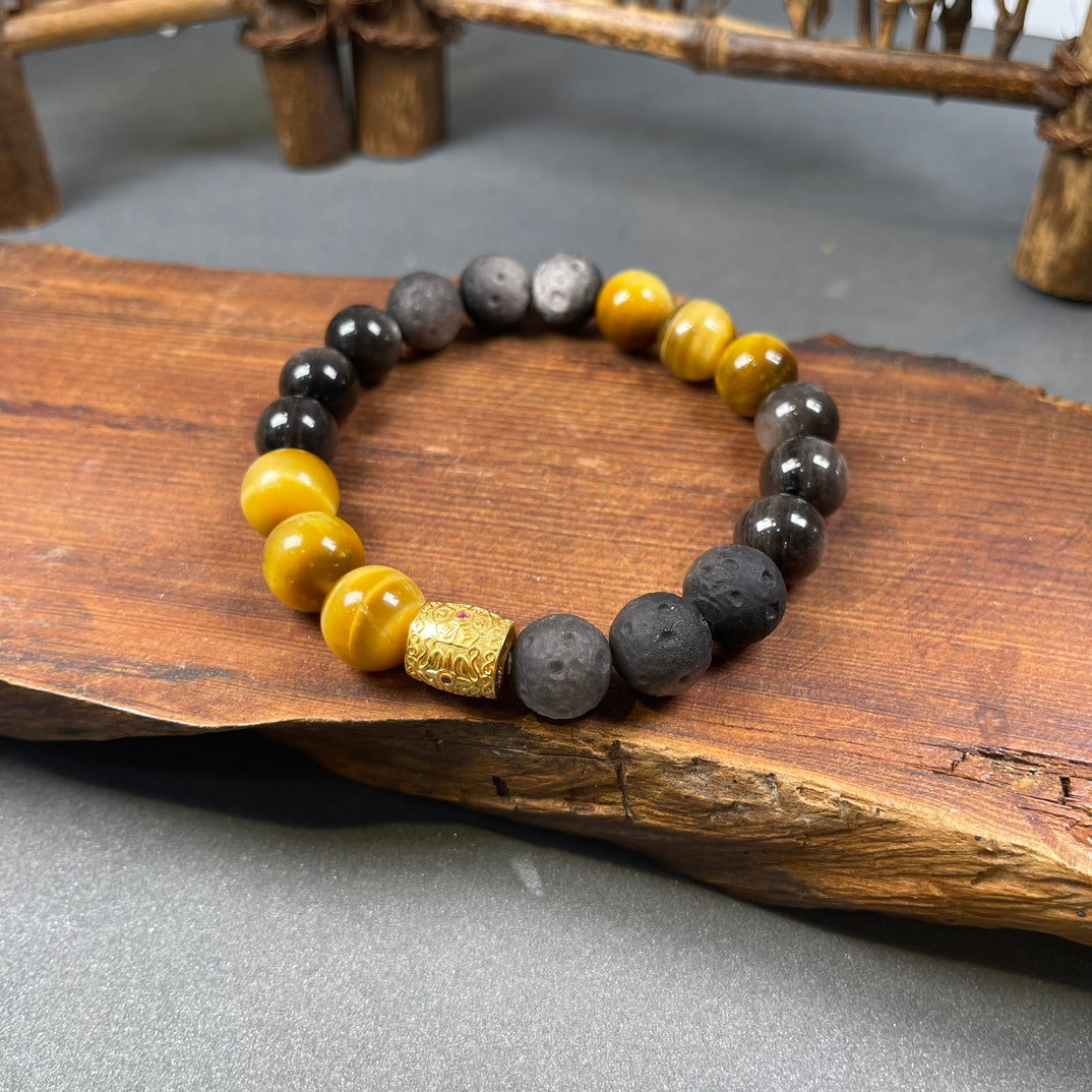 Strength& Wealth &Protection– Tiger’s Eye, Silver Obsidian, The Six-Syllable Mantra Bracelet