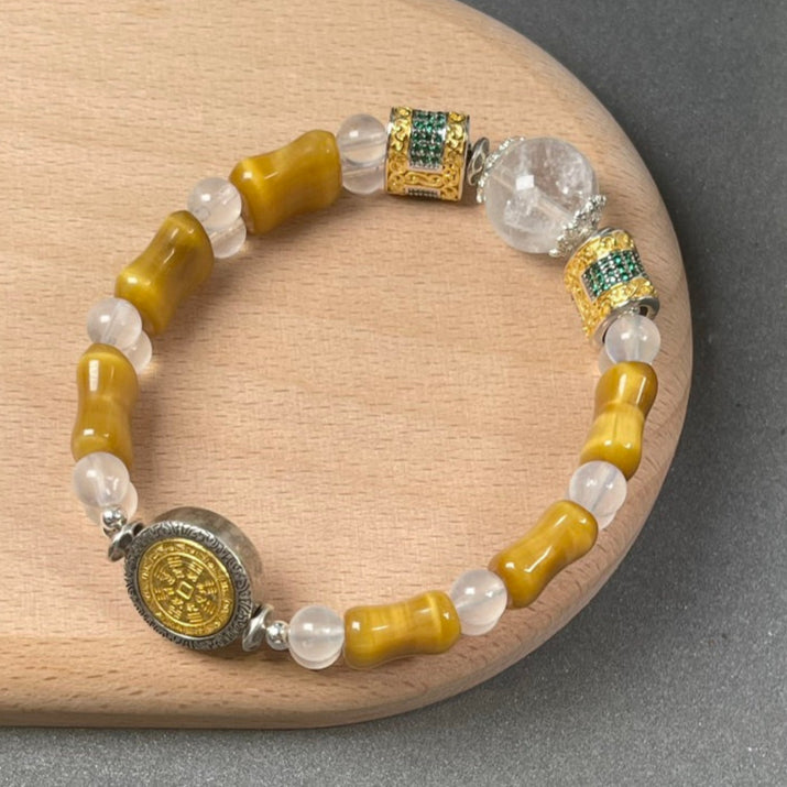 Golden Tiger Eye & Clear Quartz Bracelet with Fortune Beads – Protection • Luck • Clarity