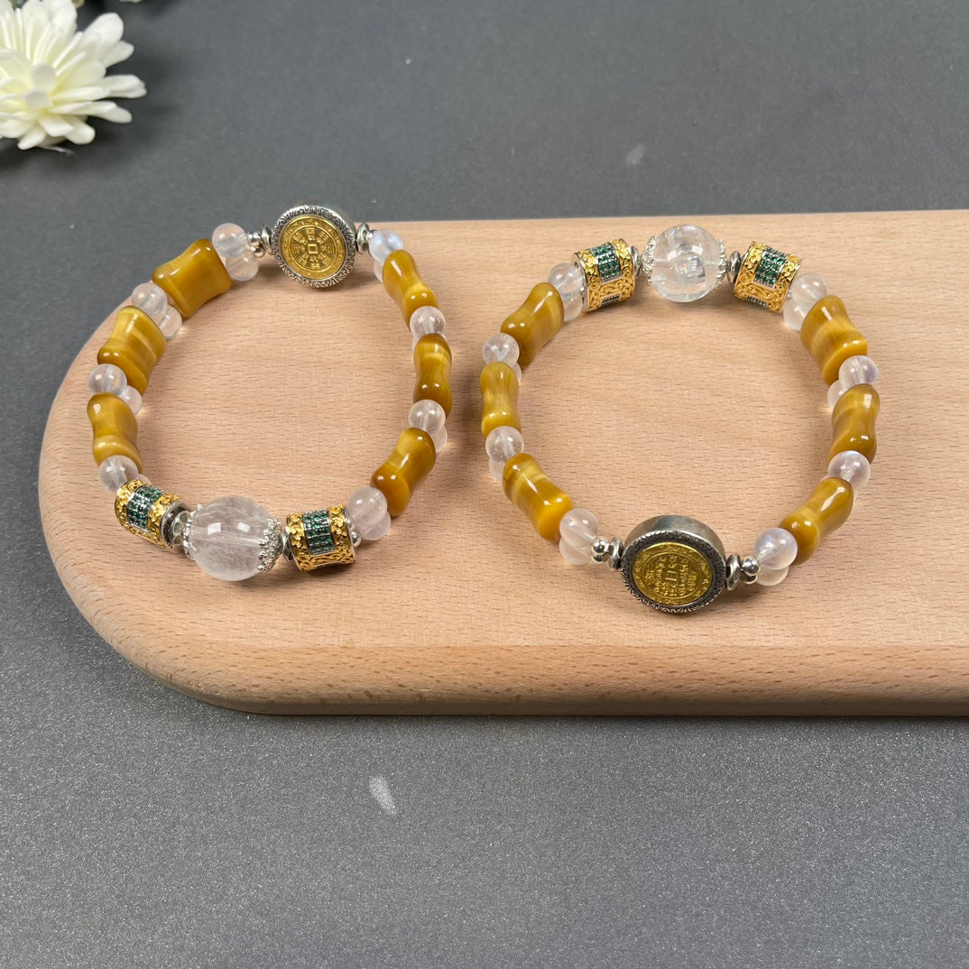 Golden Tiger Eye & Clear Quartz Bracelet with Fortune Beads – Protection • Luck • Clarity