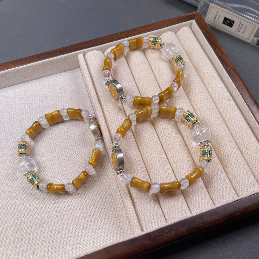 Golden Tiger Eye & Clear Quartz Bracelet with Fortune Beads – Protection • Luck • Clarity