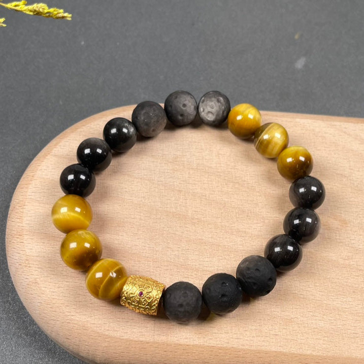 Tiger Eye, Obsidian & Fortune Bead Bracelet – Grounding Strength, Wealth Attraction, Protection