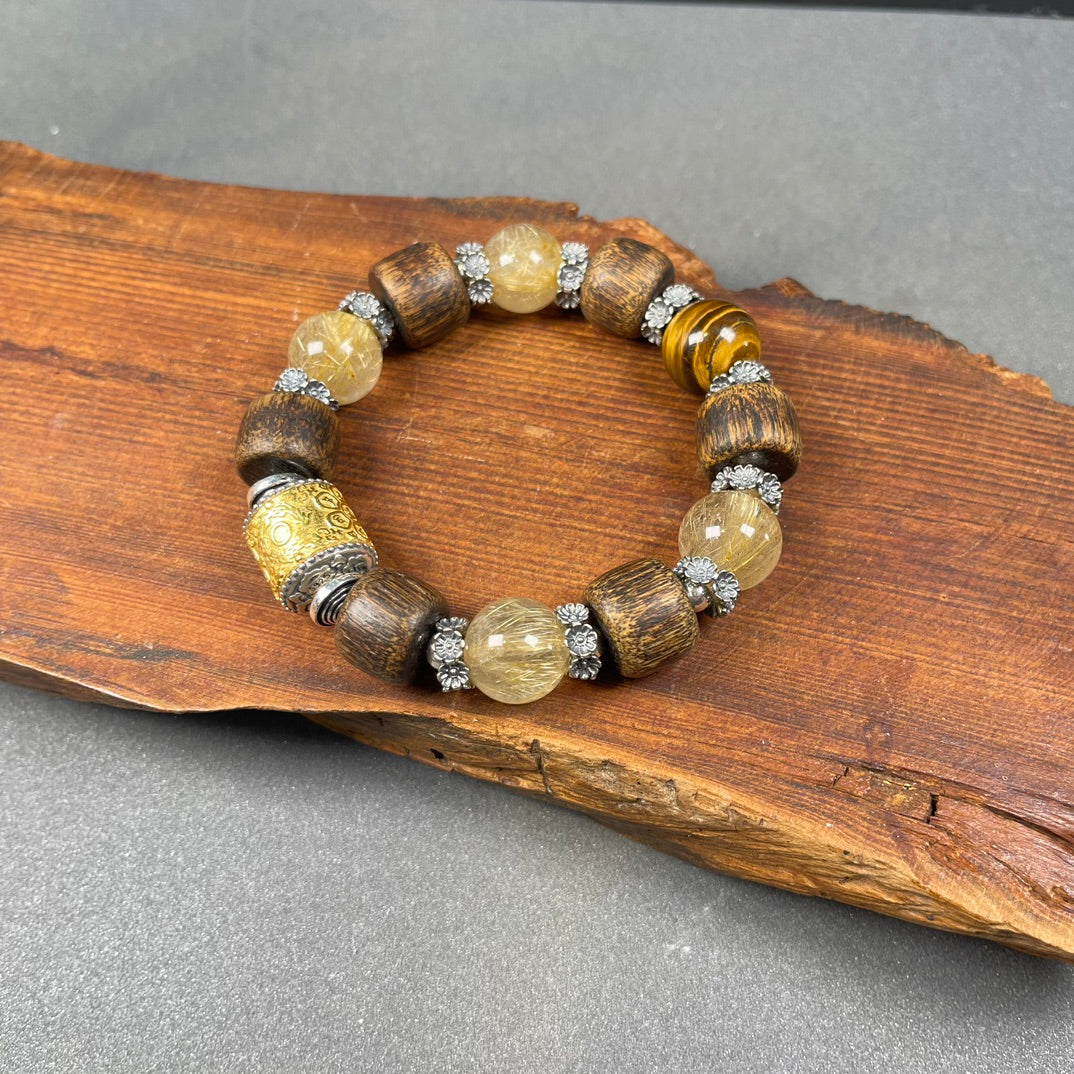 Timeless Harmony – Agarwood, Golden Rutilated Quartz & Tiger Eye Bracelet