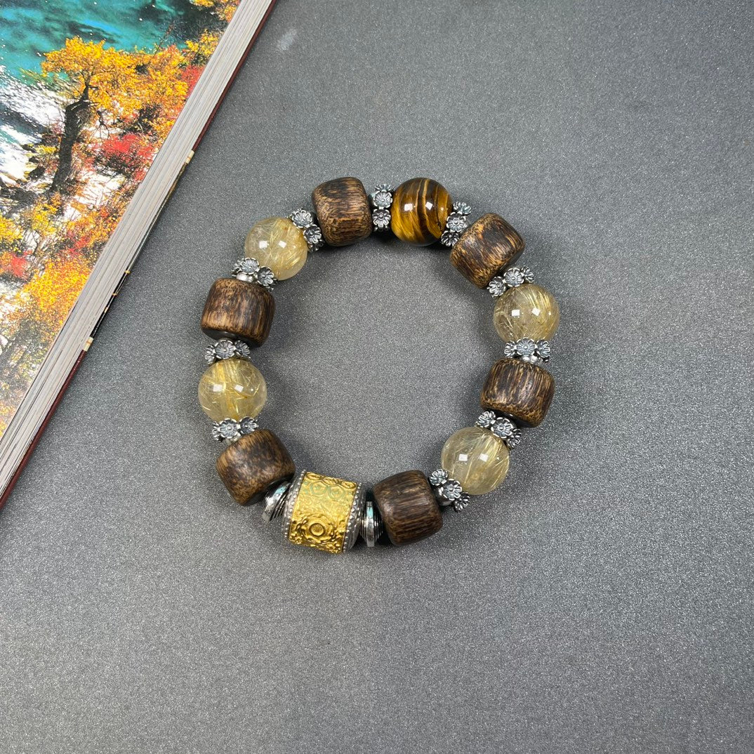 Timeless Harmony – Agarwood, Golden Rutilated Quartz & Tiger Eye Bracelet