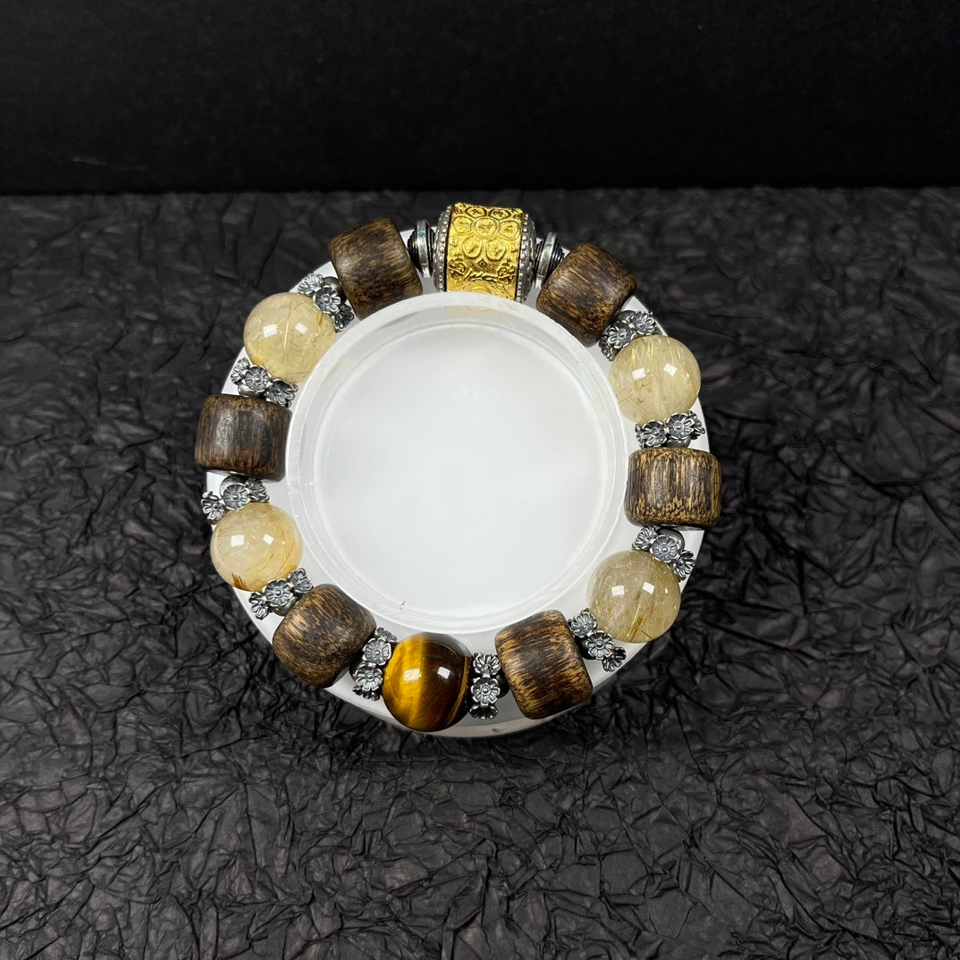 Timeless Harmony – Agarwood, Golden Rutilated Quartz & Tiger Eye Bracelet