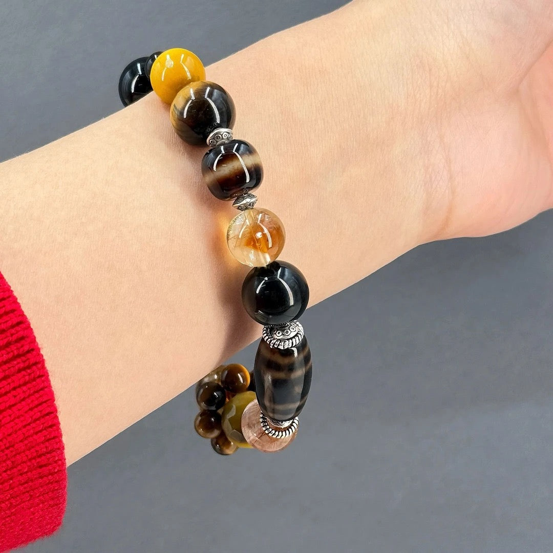 Wealth Magnet – Tiger Eye, Dzi Stone & Rutilated Quartz Bracelet