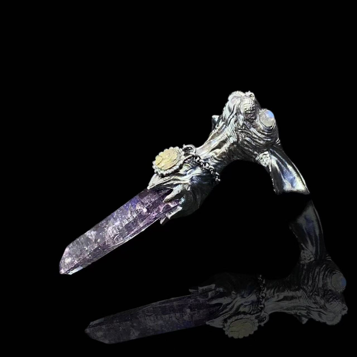 Guardian Cat Dagger Pendant – S925 Sterling Silver & Raw Amethyst Talisman