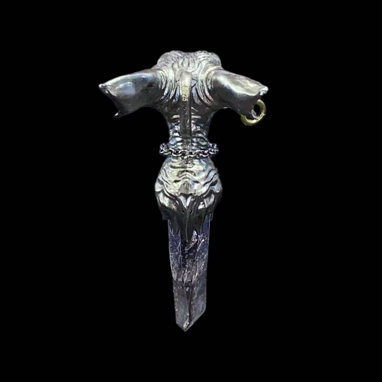 Guardian Cat Dagger Pendant – S925 Sterling Silver & Raw Amethyst Talisman