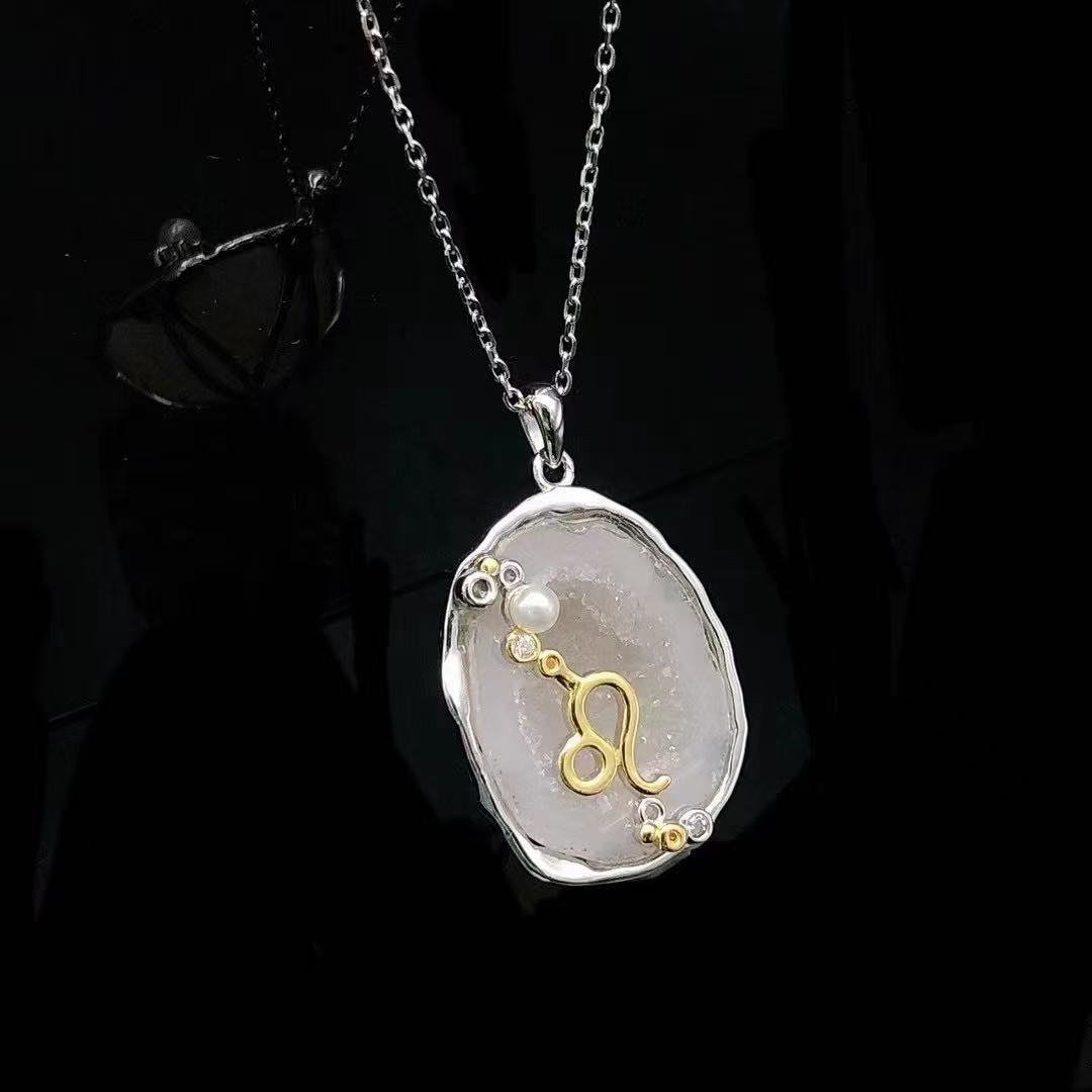 Zodiac Guardian Necklace — Handmade Druzy Quartz Pendant with 12 Constellations & Sterling Silver Accents