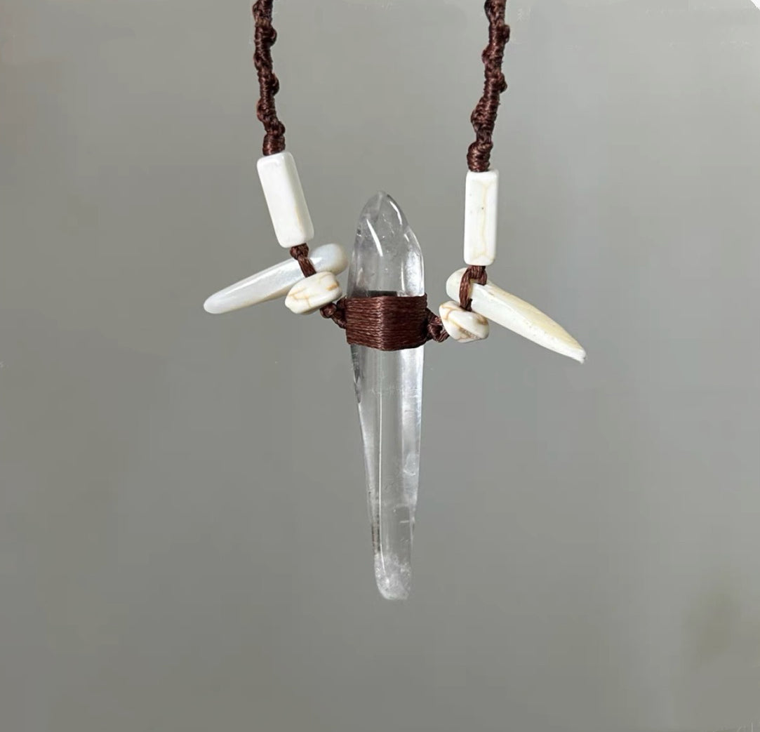 Clear Quartz Fang Talisman Necklace – Tribal Protection Amulet