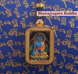 Brass 'Baokan' Manjushri Small Rectangle 3x2cm Painted Tsa-Tsa Shrine Case - Black Thangka Style