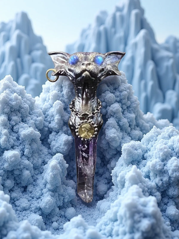 Guardian Cat Dagger Pendant – S925 Sterling Silver & Raw Amethyst Talisman
