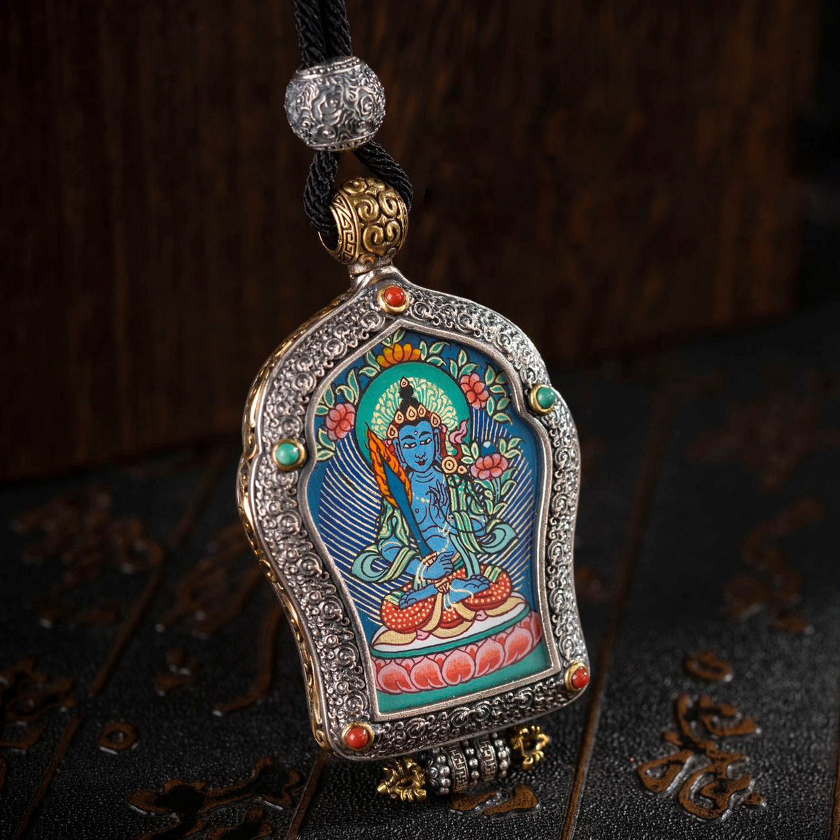 Hand-Painted Black and Gold Thangka