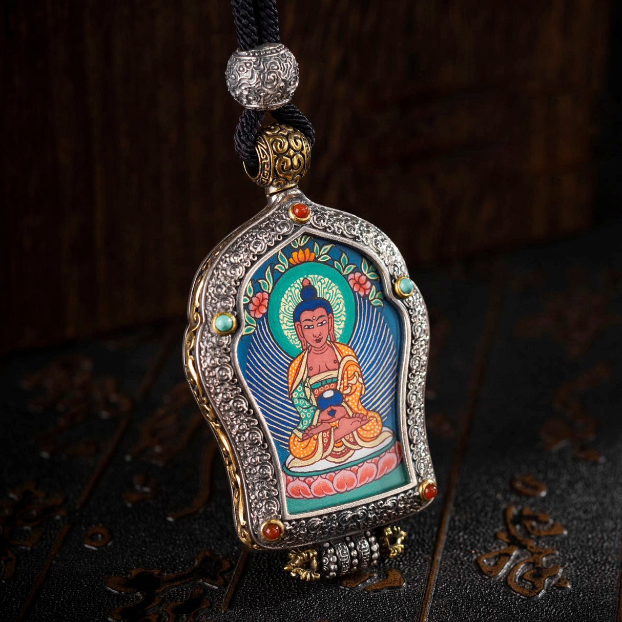 Hand-Painted Black and Gold Thangka