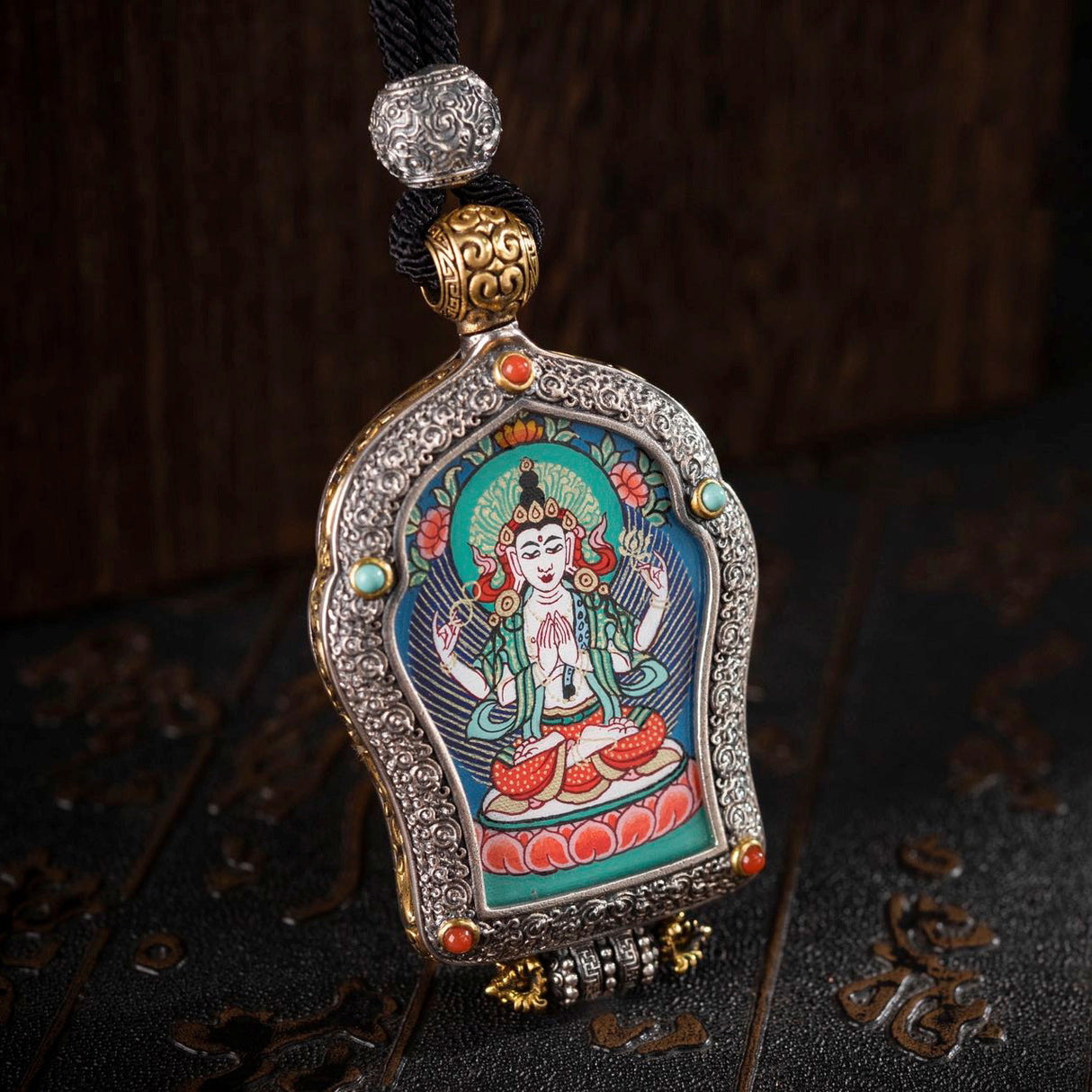Hand-Painted Black and Gold Thangka