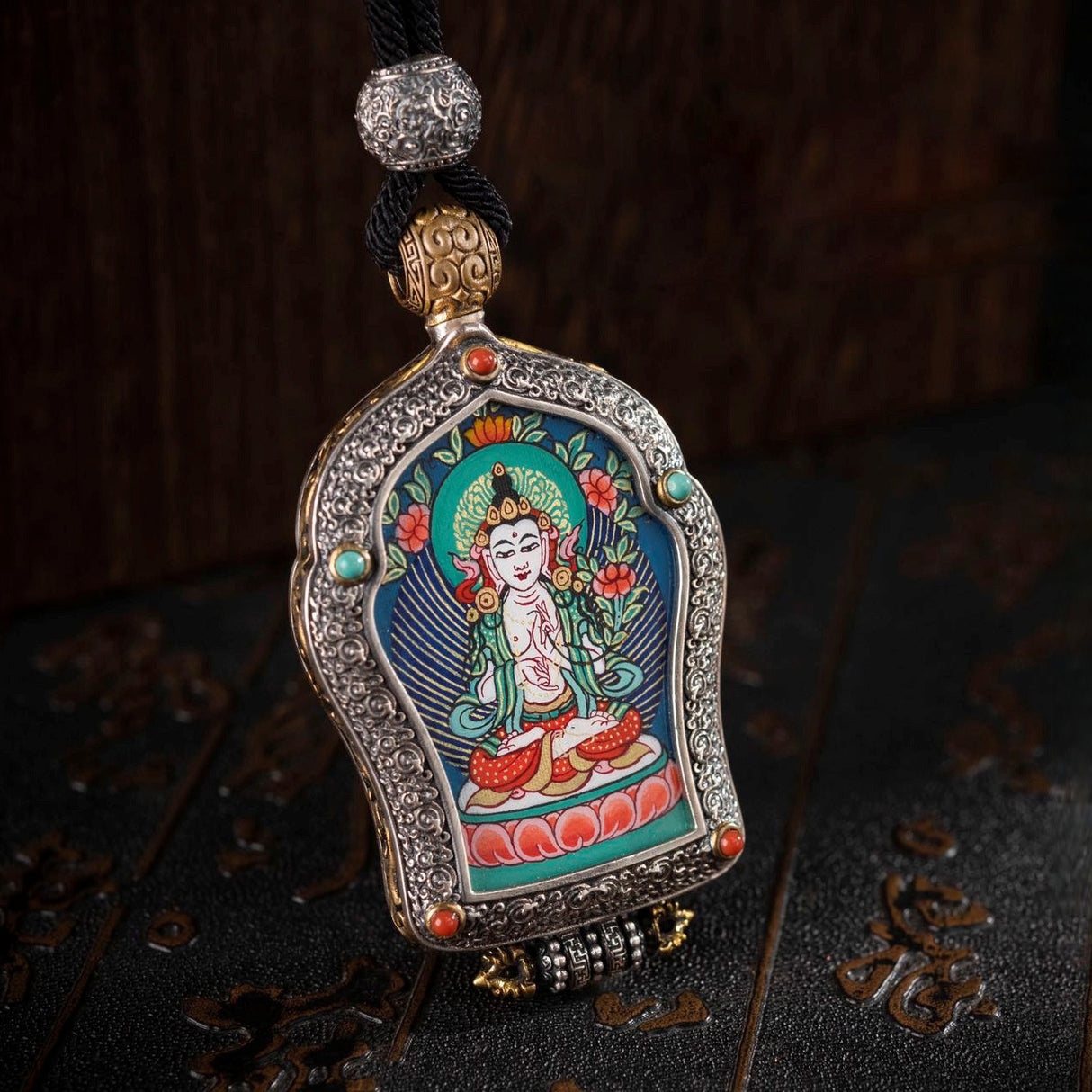 Hand-Painted Black and Gold Thangka